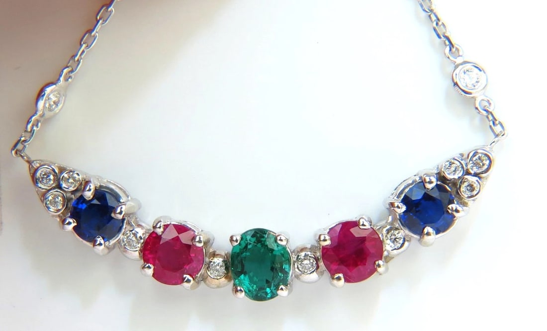 3.60CT NATURAL RUBY EMERALD SAPPHIRE DIAMONDS NECKLACE F/VS ARCH & BY YARD **: Title: 3.60CT NATURAL RUBY EMERALD SAPPHIRE DIAMONDS NECKLACE F/VS ARCH & BY YARD ** Description: ONLY MAGNIFICENT JEWELS Emerald Ruby Sapphire Diamonds Arch + Diamonds chain necklace. 2.60ct.