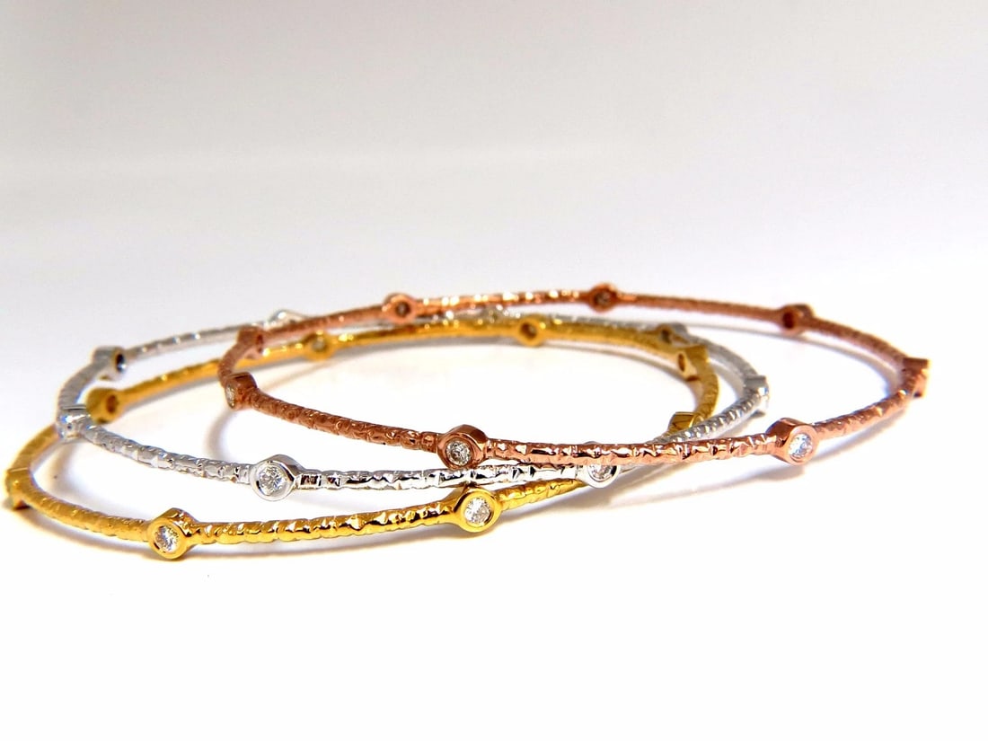 .96CT ROUND DIAMONDS STACKING BANGLE BRACELETS 14KT HAMMER RUSTIC FINISH** - 2