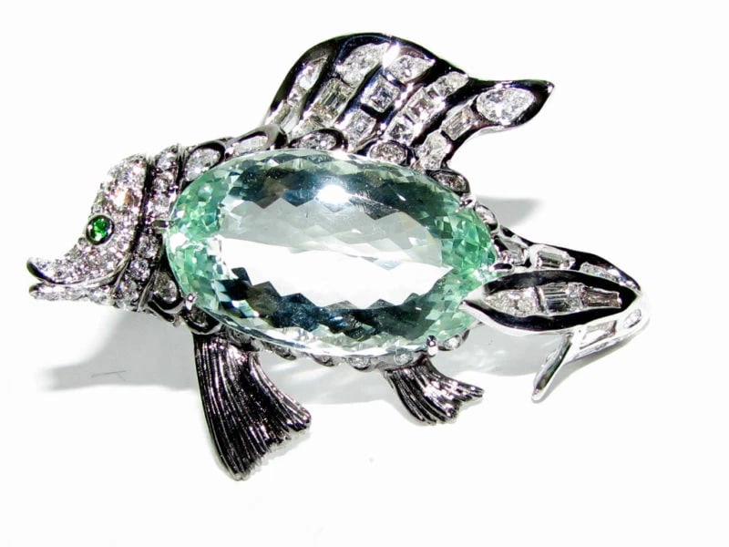 GIA 57.37CT NATURAL GREEN BERYL FISH BROOCH PENDANT 18kt** - 12