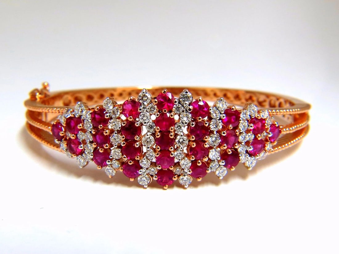 6.16ct natural round cut ruby diamonds bangle bracelet 14kt Victorian Deco**: Title: 6.16ct natural round cut ruby diamonds bangle bracelet 14kt Victorian Deco** Description: Victorian Ruby Cluster 5.06ct. Natural Ruby Bangle bracelet. Round cut, Fully Faceted. Vibrant Red,