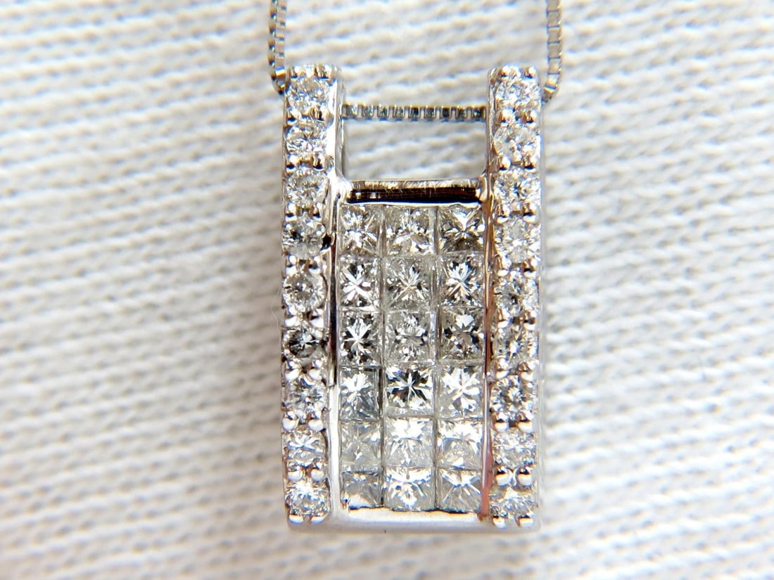 .90ct Princess & Rounds Diamond Square Cocktail Pendant 18kt**: Title: .90ct Princess & Rounds Diamond Square Cocktail Pendant 18kt** Description: ONLY MAGNIFICENT JEWELS Modern Cut Edge Deco Square cluster of princess' and rounds 3D raised side two columns
