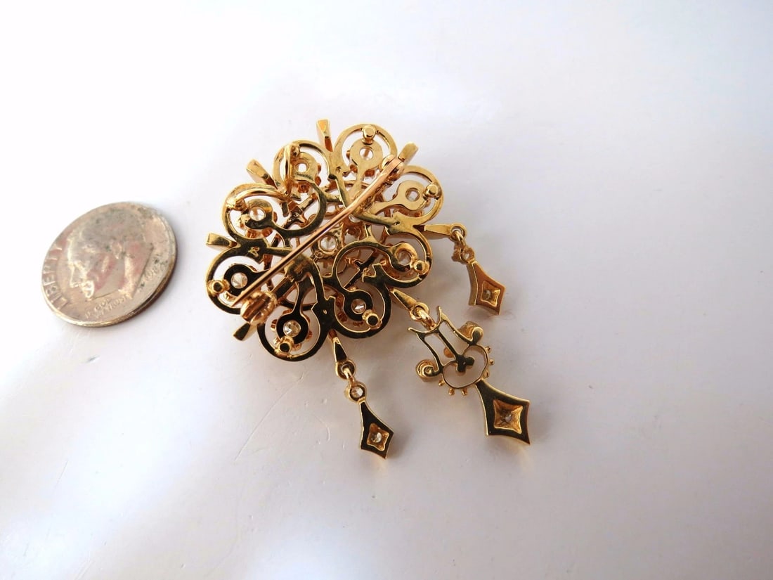 1.50ct diamonds tassel 1960's pendant brooch pin 14kt** - 4