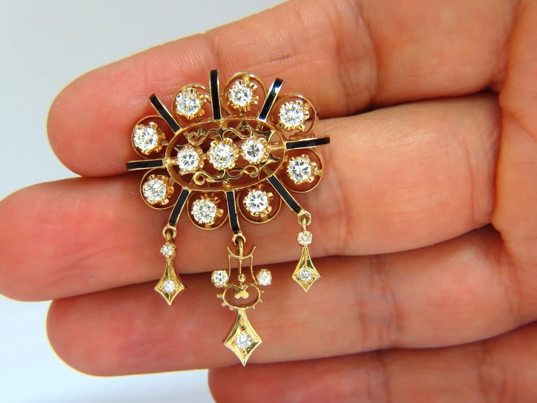 1.50ct diamonds tassel 1960's pendant brooch pin 14kt** - 5