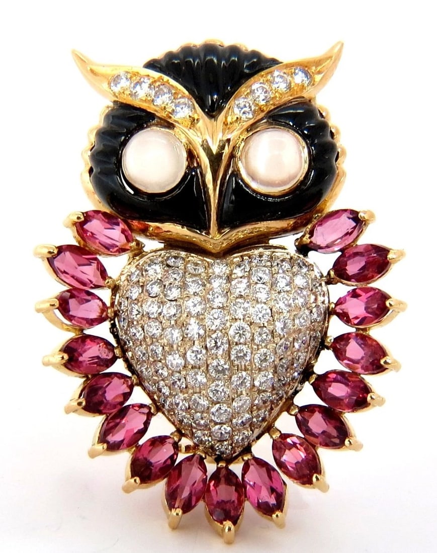 3.90CT NATURAL TOURMALINE DIAMONDS MOONSTONE BLACK ONYX 3D OWL BROOCH PIN 18KT**: Title: 3.90CT NATURAL TOURMALINE DIAMONDS MOONSTONE BLACK ONYX 3D OWL BROOCH PIN 18KT** Description: 3D Real Life Owl Brooch. Please notice details, beautifully intricate. Excellent condition.