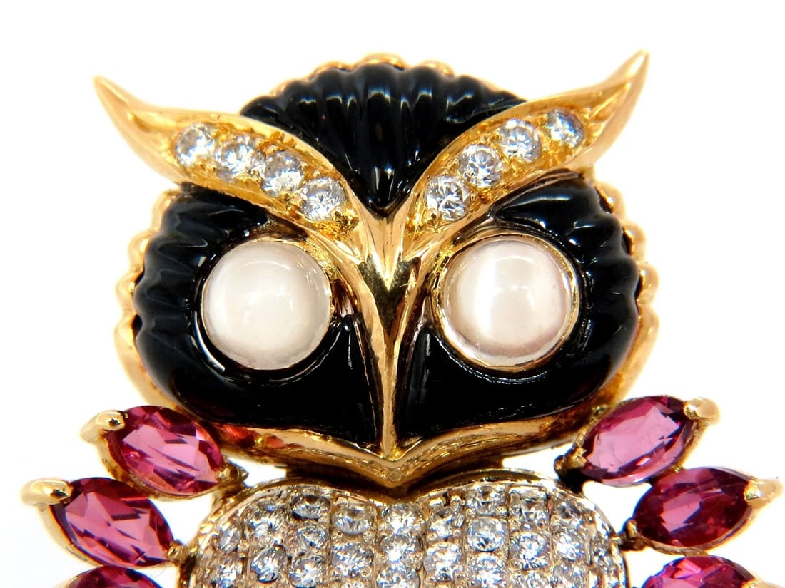 3.90CT NATURAL TOURMALINE DIAMONDS MOONSTONE BLACK ONYX 3D OWL BROOCH PIN 18KT** - 4