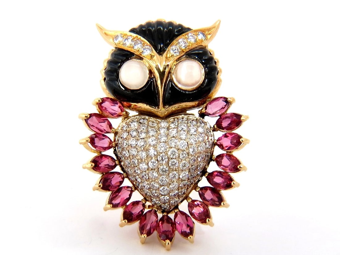 3.90CT NATURAL TOURMALINE DIAMONDS MOONSTONE BLACK ONYX 3D OWL BROOCH PIN 18KT** - 9