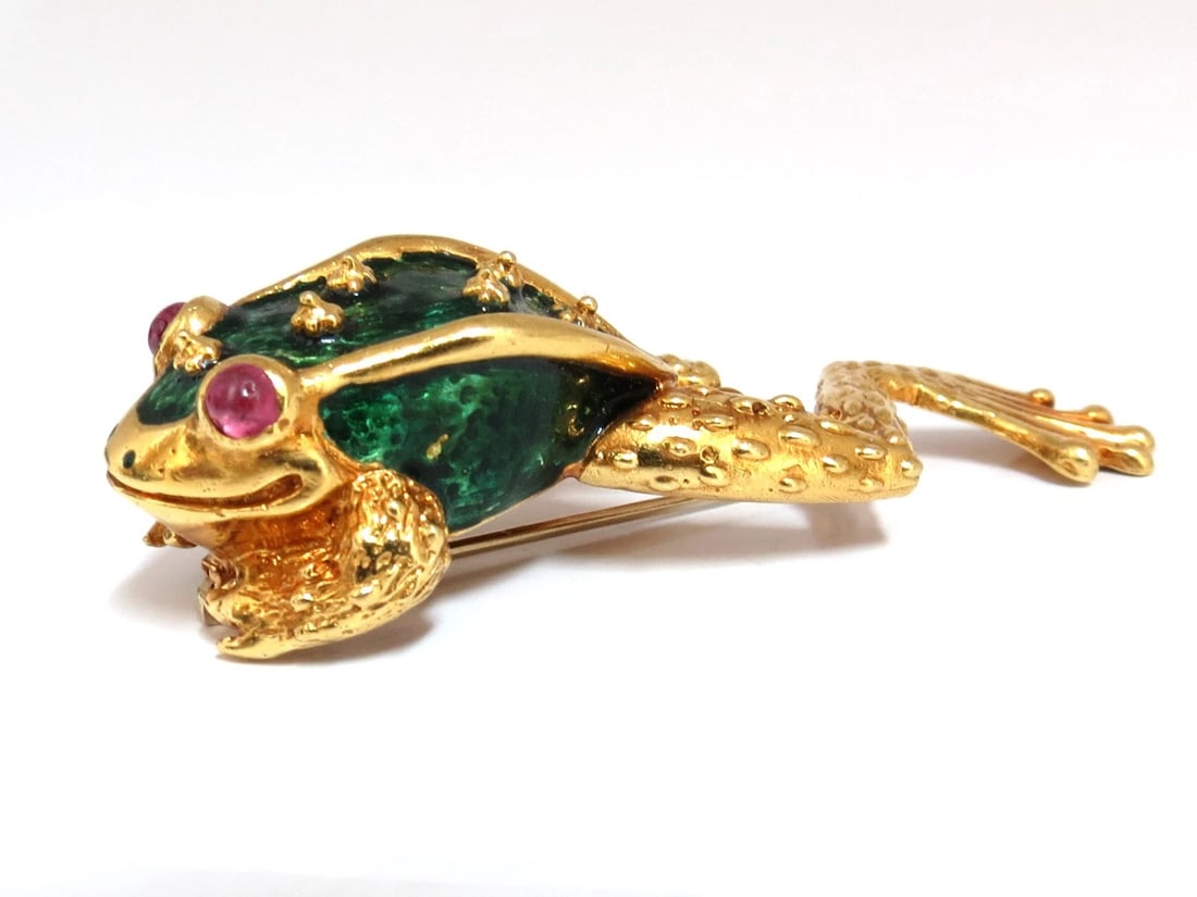 18KT GOLD TOAD FROG PIN GREEN ENAMEL INTRICATE DETAIL 3D VINTAGE UNIQUE+** - 2