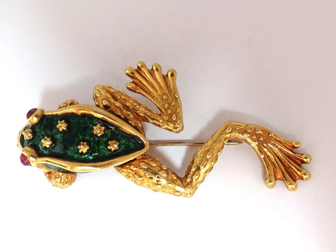 18KT GOLD TOAD FROG PIN GREEN ENAMEL INTRICATE DETAIL 3D VINTAGE UNIQUE+** - 3