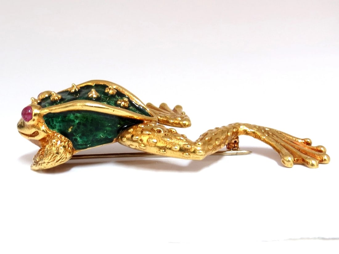 18KT GOLD TOAD FROG PIN GREEN ENAMEL INTRICATE DETAIL 3D VINTAGE UNIQUE+** - 4