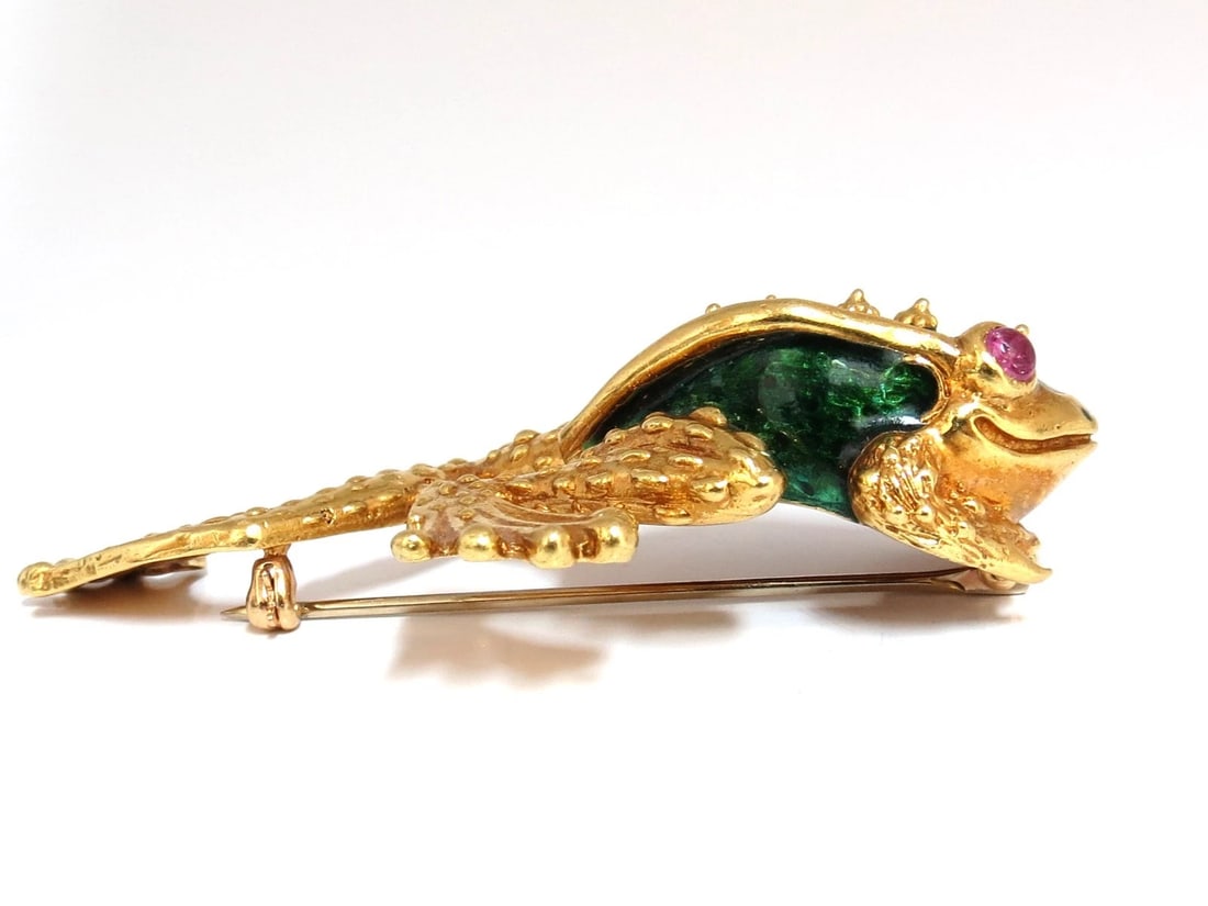 18KT GOLD TOAD FROG PIN GREEN ENAMEL INTRICATE DETAIL 3D VINTAGE UNIQUE+** - 5
