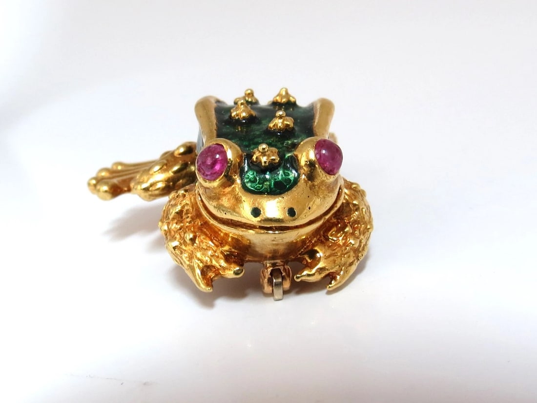 18KT GOLD TOAD FROG PIN GREEN ENAMEL INTRICATE DETAIL 3D VINTAGE UNIQUE+** - 6