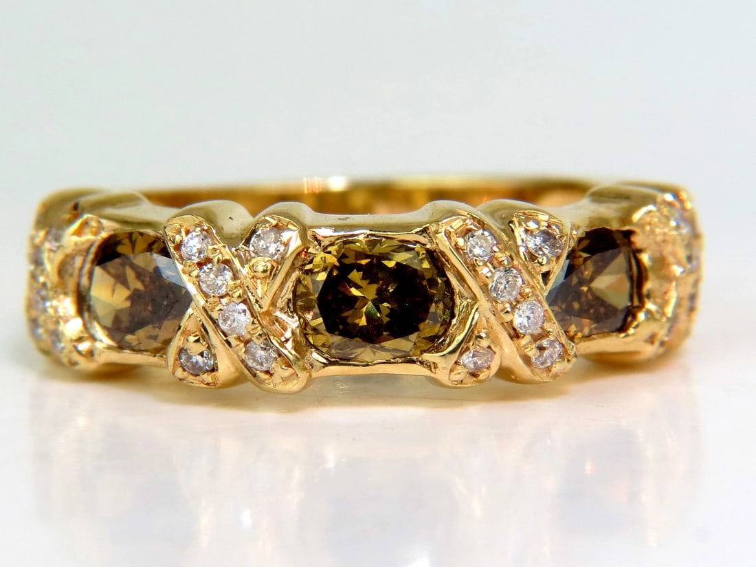 NATURAL FANCY YELLOW BROWN 1.65CT DIAMONDS "X" DECO 14KT RING+ - 2