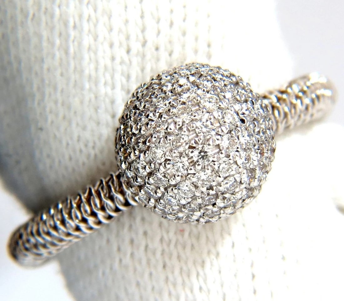 .76ct diamonds bead set ball ring 18kt + coil wire wrapped shank g/vs+: Title: .76ct diamonds bead set ball ring 18kt + coil wire wrapped shank g/vs+ Description: .76ct. Rounds diamond ring / encrusted ball. ring goes through the ball. nicely made. Diamonds: G-color,