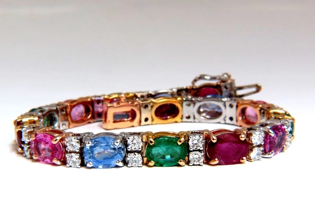 22.90ct natural sapphires emeralds ruby diamond tennis bracelet 14 karat**: Title: 22.90ct natural sapphires emeralds ruby diamond tennis bracelet 14 karat** Description: Ladies Assorted Gem Line Bracelet. 20.52ct. Natural Ruby, Multicolor Sapphires & Emeralds. Average: 7 x 5