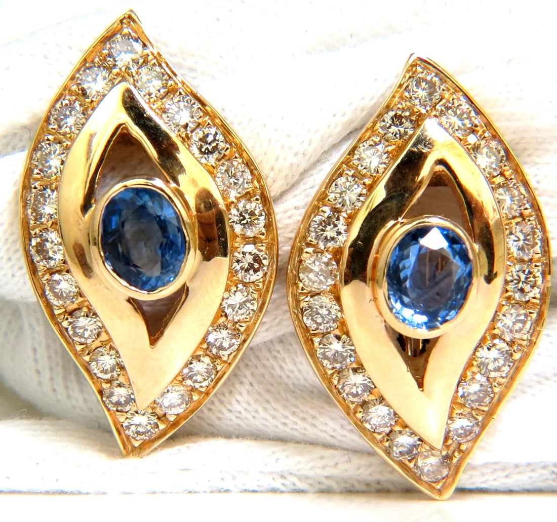 4.75CT NATURAL SAPPHIRE DIAMOND EARRINGS OMEGA CLIP 14KT CORNFLOWER**: Title: 4.75CT NATURAL SAPPHIRE DIAMOND EARRINGS OMEGA CLIP 14KT CORNFLOWER** Description: Glamour Revisted 2.00ct. Natural Sapphires Clean clarity, full oval cuts and transparent. Gorgeous Cornflower