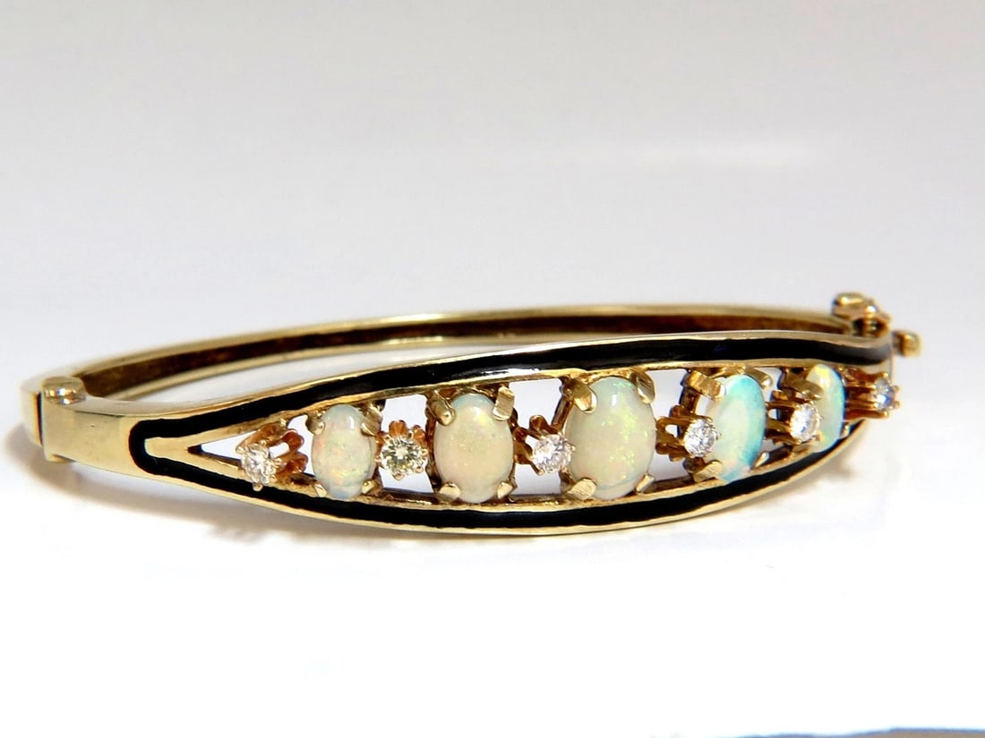6.60ct natural Australian opals diamond bangle cocktail bracelet 14kt Vintage**: Title: 6.60ct natural Australian opals diamond bangle cocktail bracelet 14kt Vintage** Description: Natural Australian Opals & Diamonds Bangle Bracelet 6.00ct Opals Center Opal: 6 x 8mm Excellent