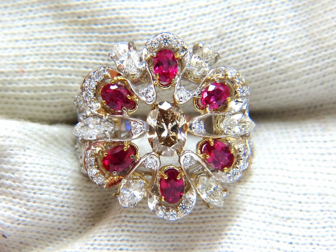 18kt Natural Fancy color Diamond Ruby Cocktail Cluster ring - 6