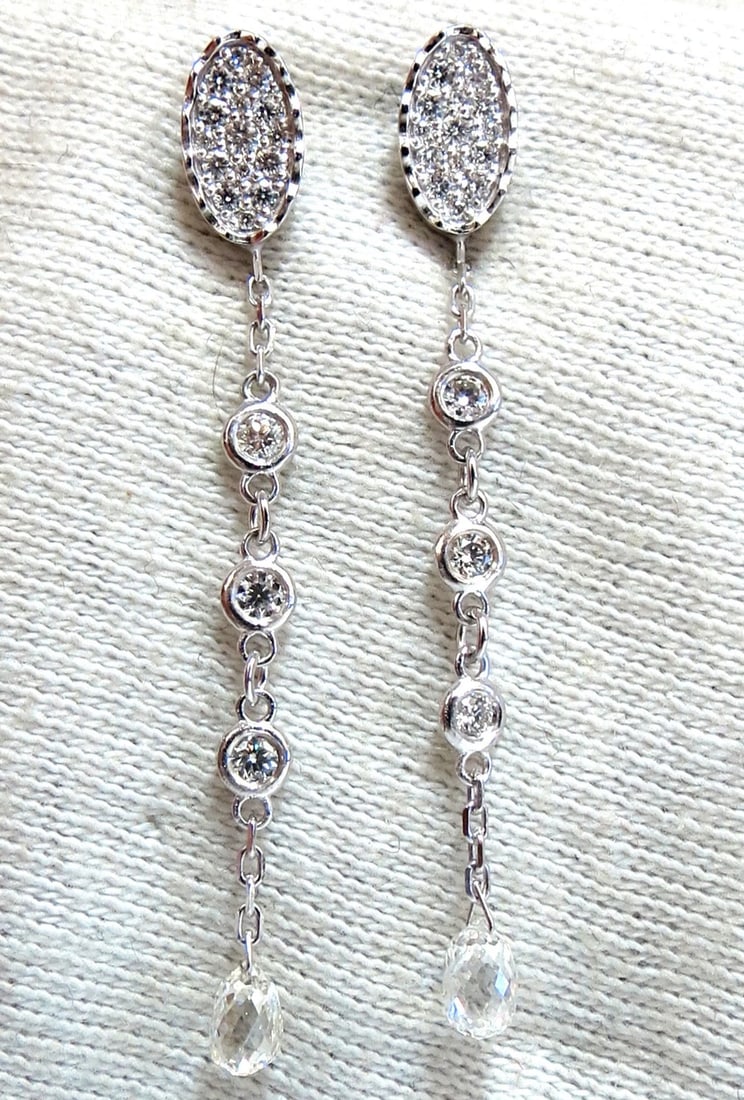 1.64ct Natural Briolette Diamonds Dangle Earrings 14kt**: Title: 1.64ct Natural Briolette Diamonds Dangle Earrings 14kt** Description: Dangle Briolette Diamond earrings. The Victorian Revival. .94cts of natural Briolette diamonds & .70ct Natural round diamon
