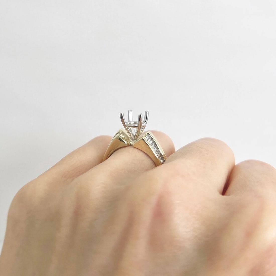 Wide 2-Row Baguette Diamond Engagement Ring Setting Mounting 14K Yellow Gold - 5