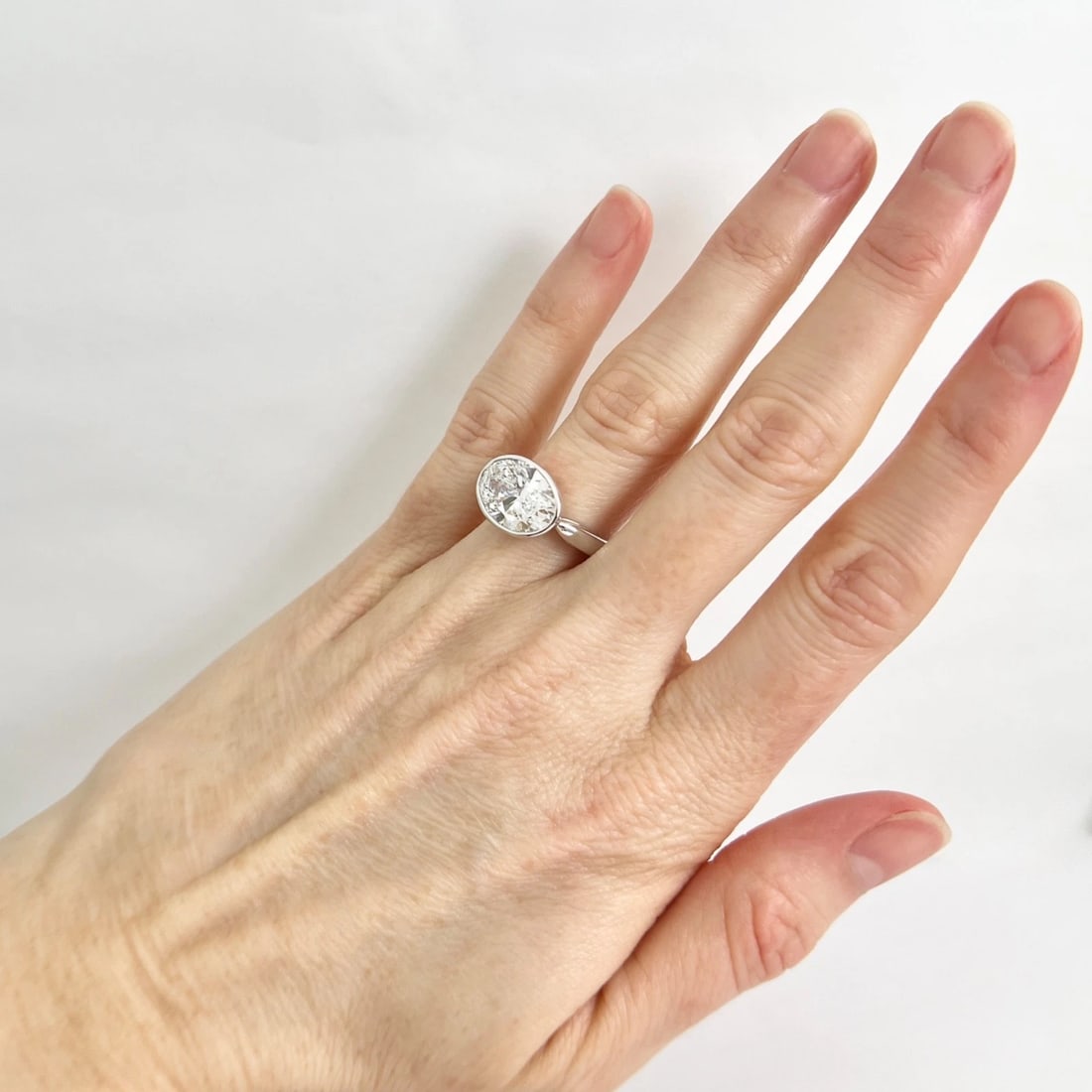 Oval Lab-Created Diamond Bezel Solitaire Engagement Ring 14K White Gold, 3.56 CT - 3