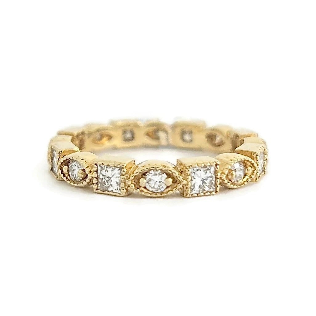 Multishape Diamond Milgrain Eternity Ring Wedding Band 14K Yellow Gold Size 7: Multishape Diamond Milgrain Eternity Ring Wedding Band 14K Yellow Gold Size 7 This is a unique ring that can be worn as a wedding band or statement ring. Diamonds: 1.05 ctw; 8 princess cuts .80 ctw an