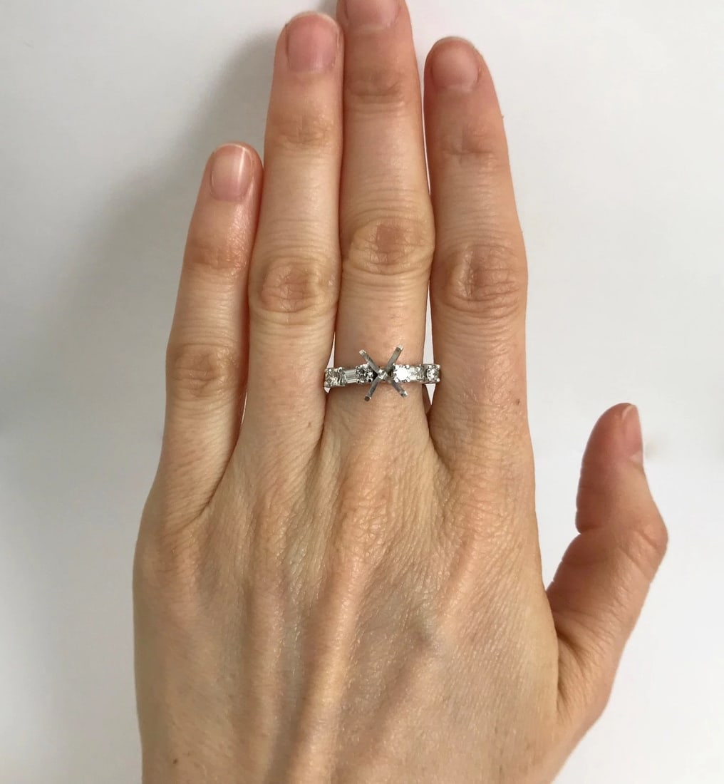 Baguette Round Diamond Engagement Ring Setting Mounting 14K White Gold, .35 CTW - 2