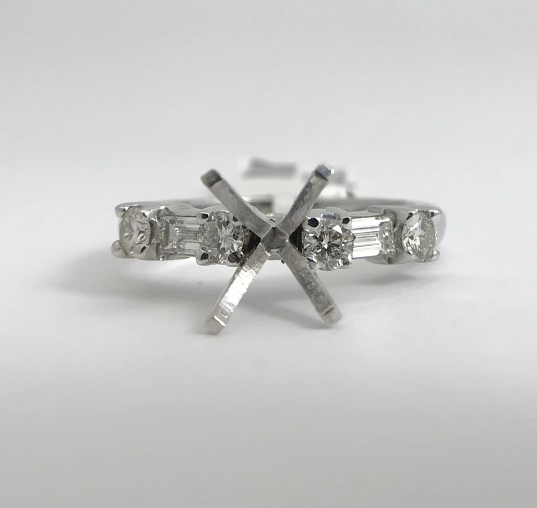 Baguette Round Diamond Engagement Ring Setting Mounting 14K White Gold, .35 CTW - 4