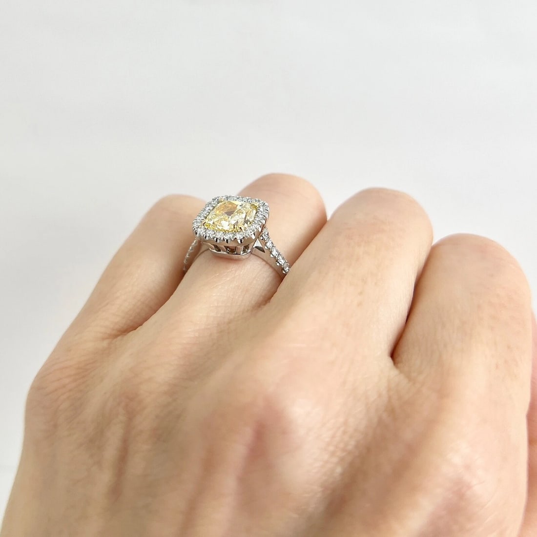 GIA Fancy Light Yellow Cushion Halo Diamond Engagement Ring Platinum, 2.67 CTW - 6