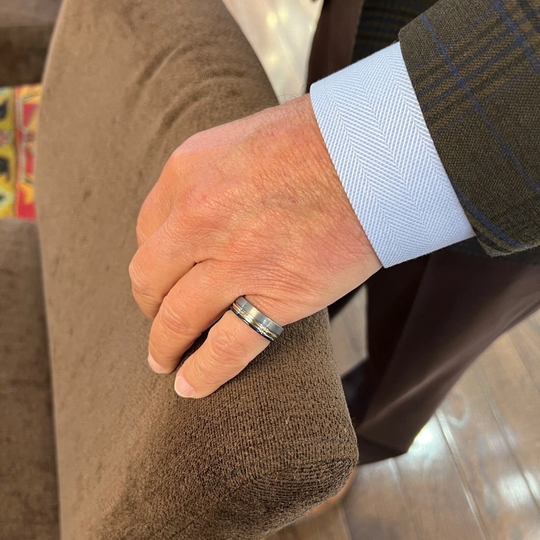 Men's Grey Black Gold Grooved Striped Wedding Band Ring Tungsten Carbide, Size 9 - 2