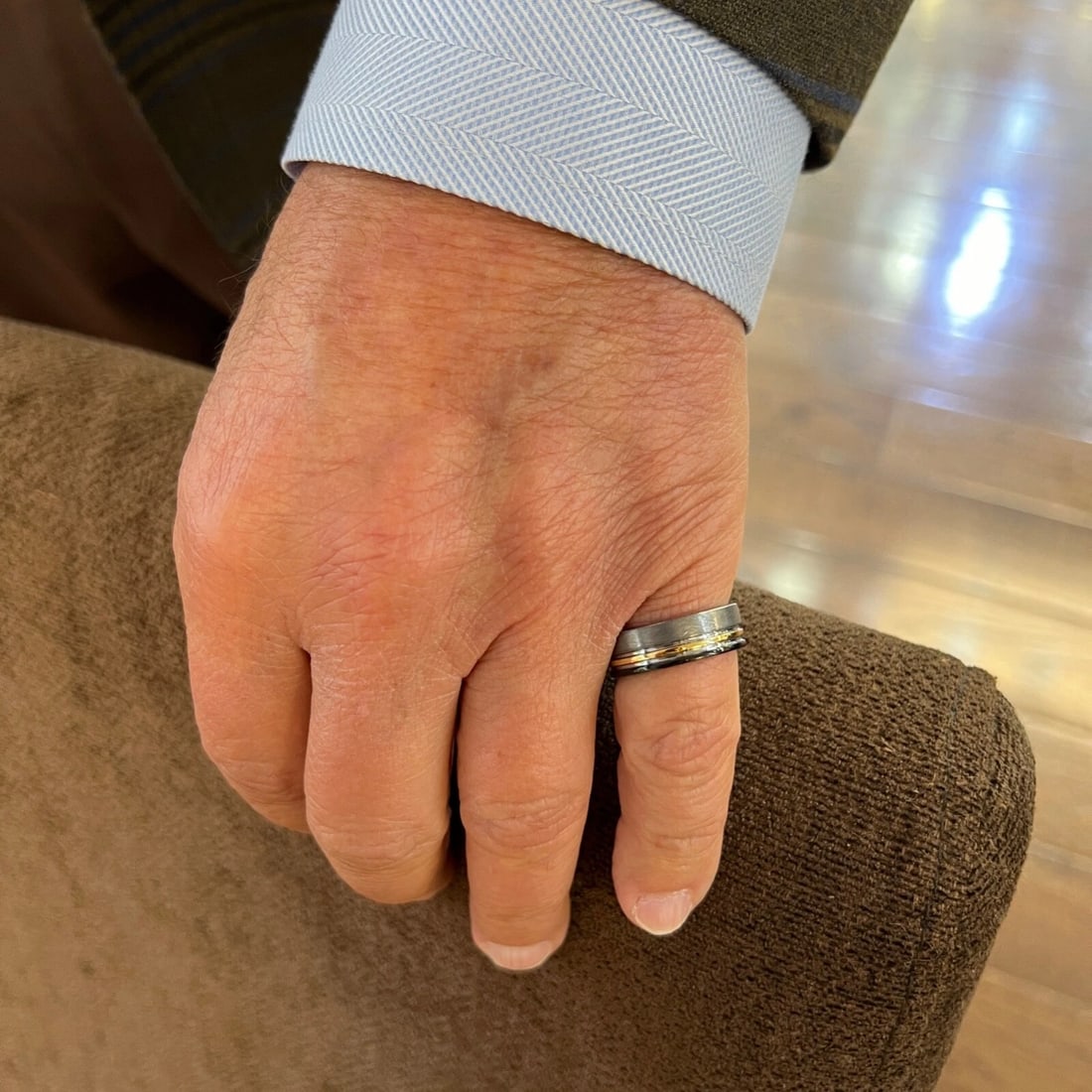 Men's Grey Black Gold Grooved Striped Wedding Band Ring Tungsten Carbide, Size 9 - 3