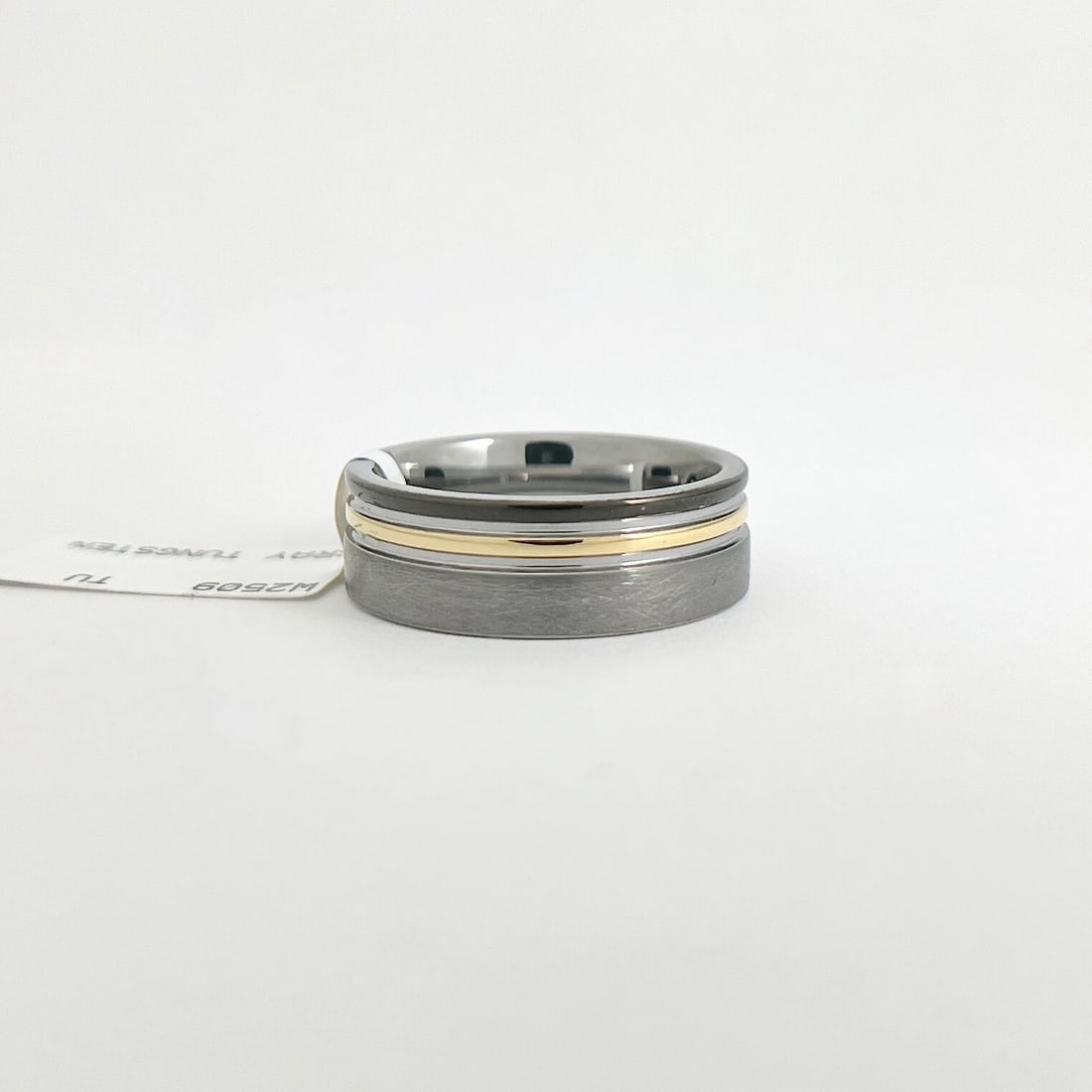 Men's Grey Black Gold Grooved Striped Wedding Band Ring Tungsten Carbide, Size 9 - 6