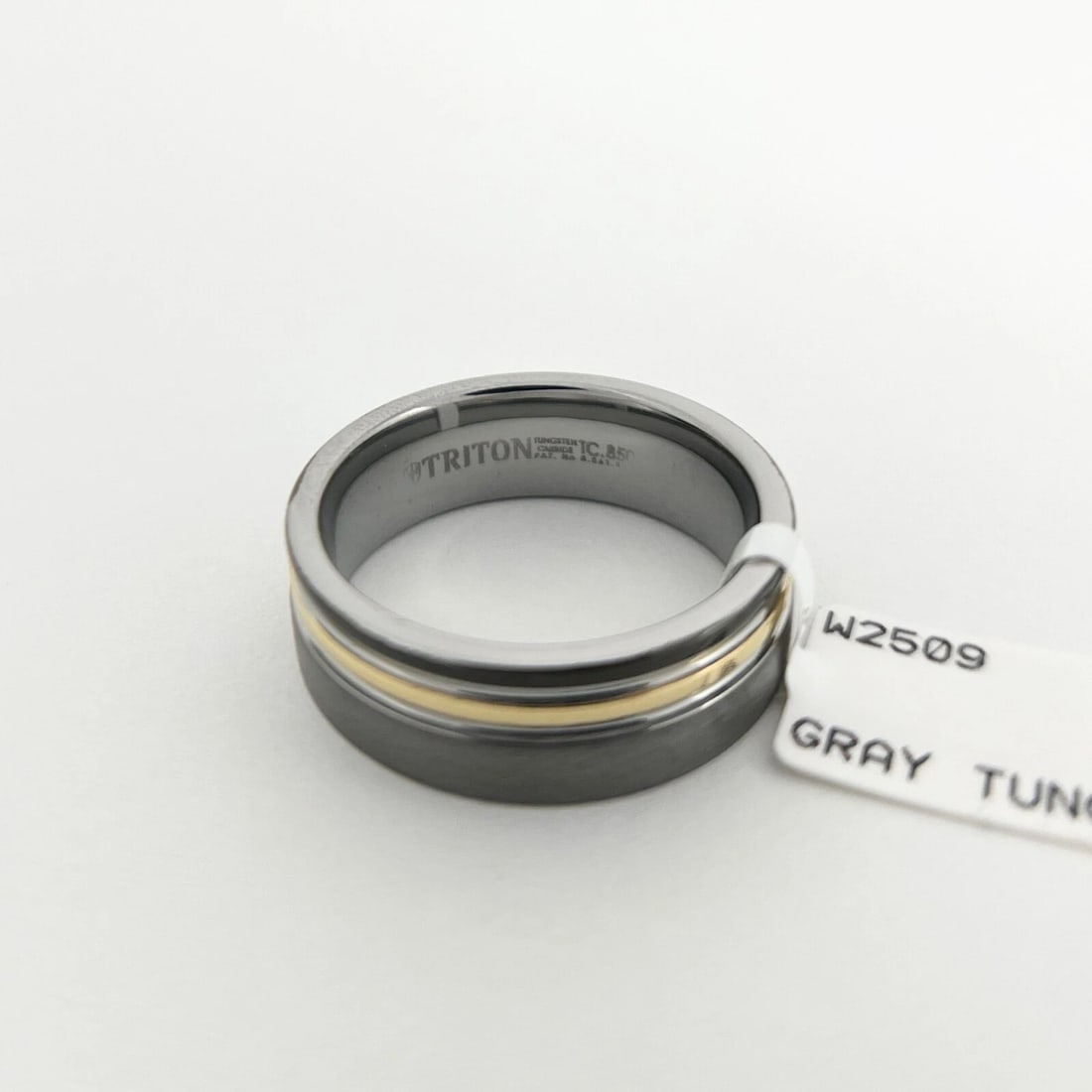 Men's Grey Black Gold Grooved Striped Wedding Band Ring Tungsten Carbide, Size 9 - 7