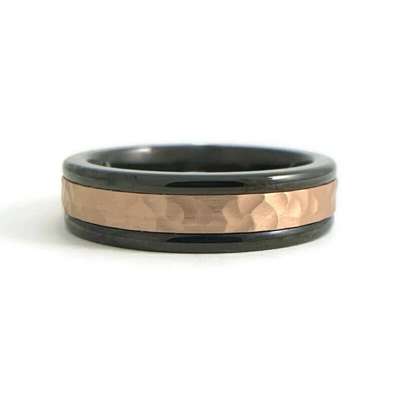 Men's Hammered 14K Rose Gold Black Tungsten Wedding Band Ring, Size 10, 6 mm: Men's Hammered 14K Rose Gold Black Tungsten Wedding Band Ring, Size 10, 6 mm This is a classic ring that could be worn as a wedding band or everyday ring. Brand: Triton Metal: 14K rose gold and