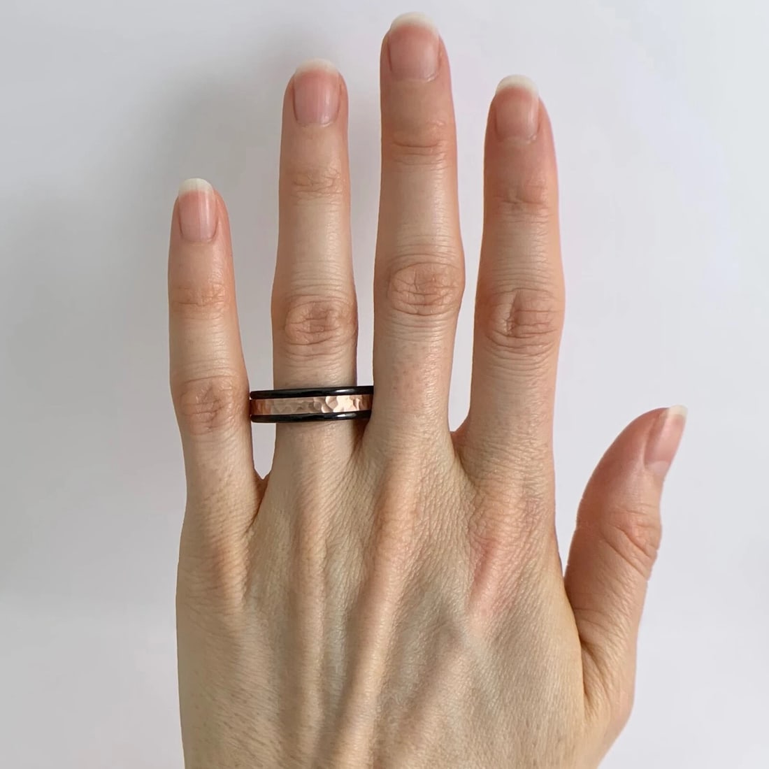 Men's Hammered 14K Rose Gold Black Tungsten Wedding Band Ring, Size 10, 6 mm - 3