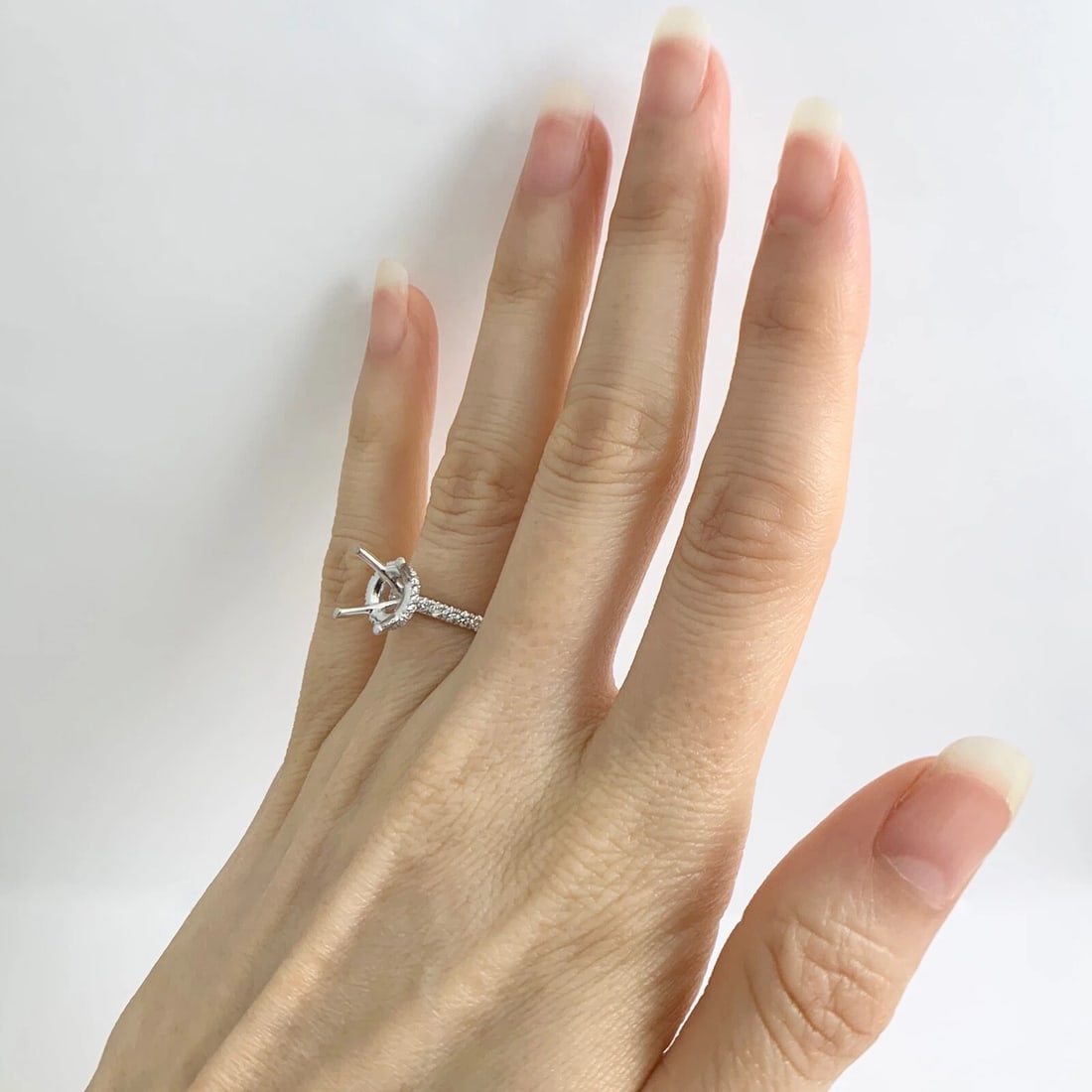 Thin Diamond Band Hidden Halo Engagement Ring Setting Mounting 14K White Gold - 6