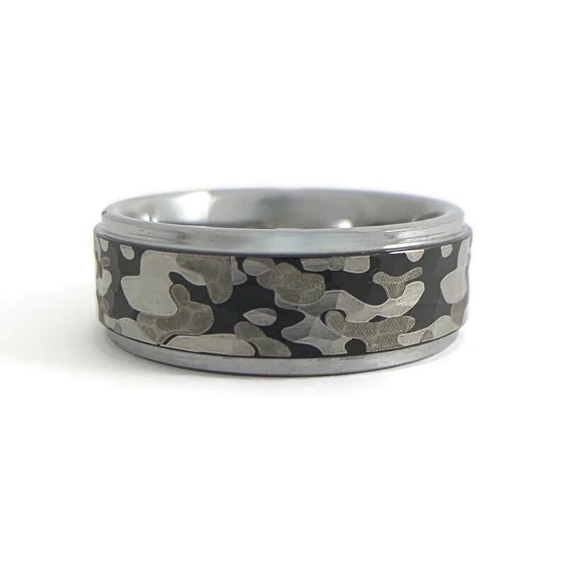 Men's Wide Grey Camouflage Wedding Band Ring in Tungsten Size 10, 8 mm: Men's Wide Grey Camouflage Wedding Band Ring in Tungsten Size 10, 8 mm This is a classic ring that could be worn as a wedding band or everyday ring. Brand: Triton Metal: tungsten carbide Weight: