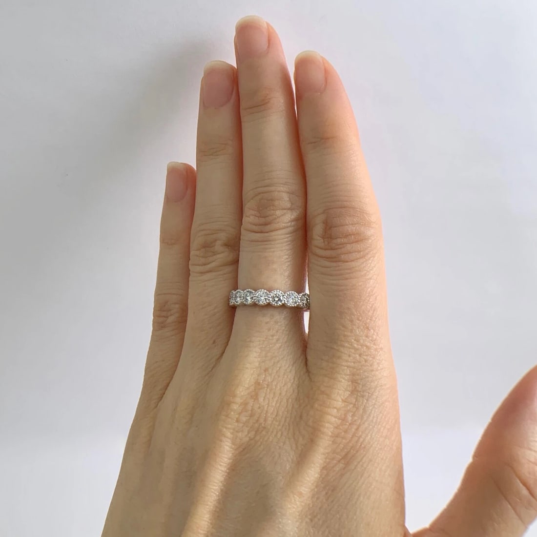 Milgrain Bezel Round Diamond Wedding Band Ring 14K White Gold, 1.20 CTW, 3.35 Gr - 3