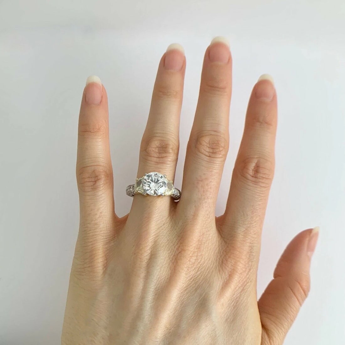 Half Moon Yellow White Pave Diamond Engagement Ring Setting Mounting Platinum - 5