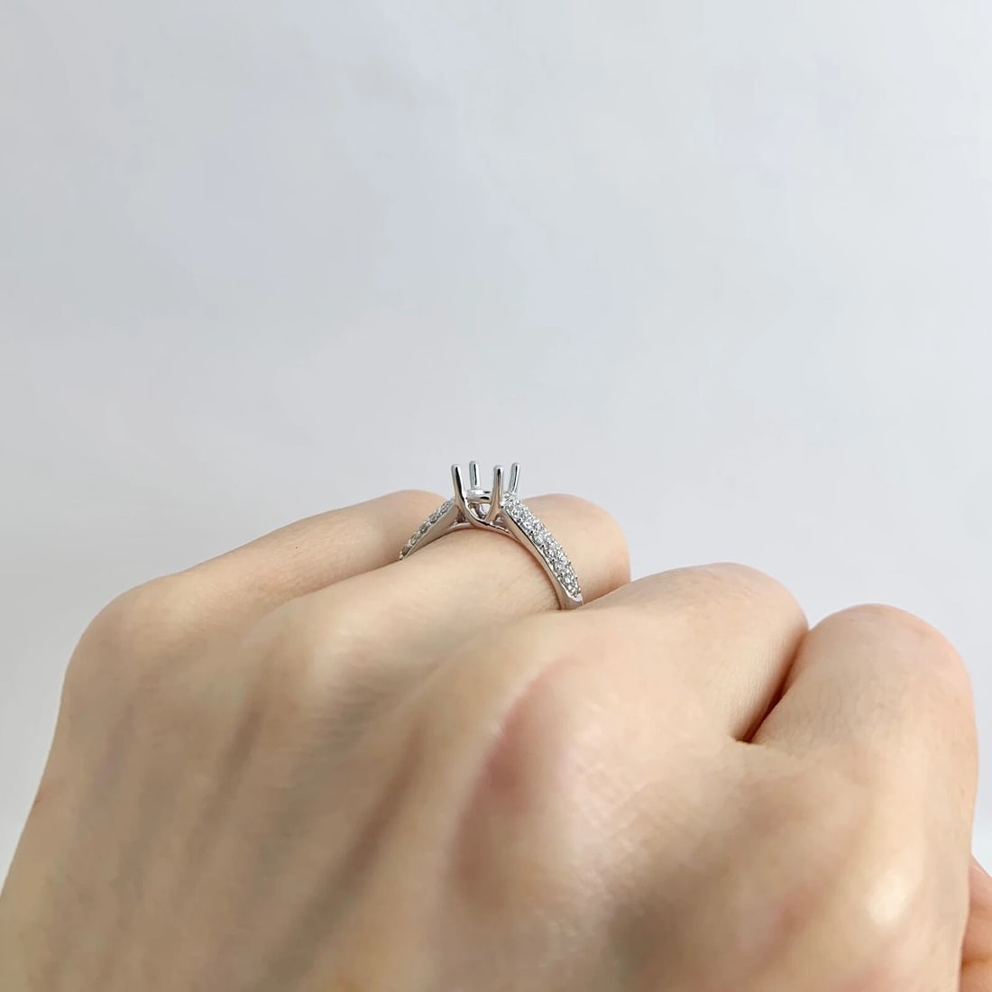 Round Pave Diamond Engagement Ring Setting Mounting 18K White Gold .37 CTW - 4