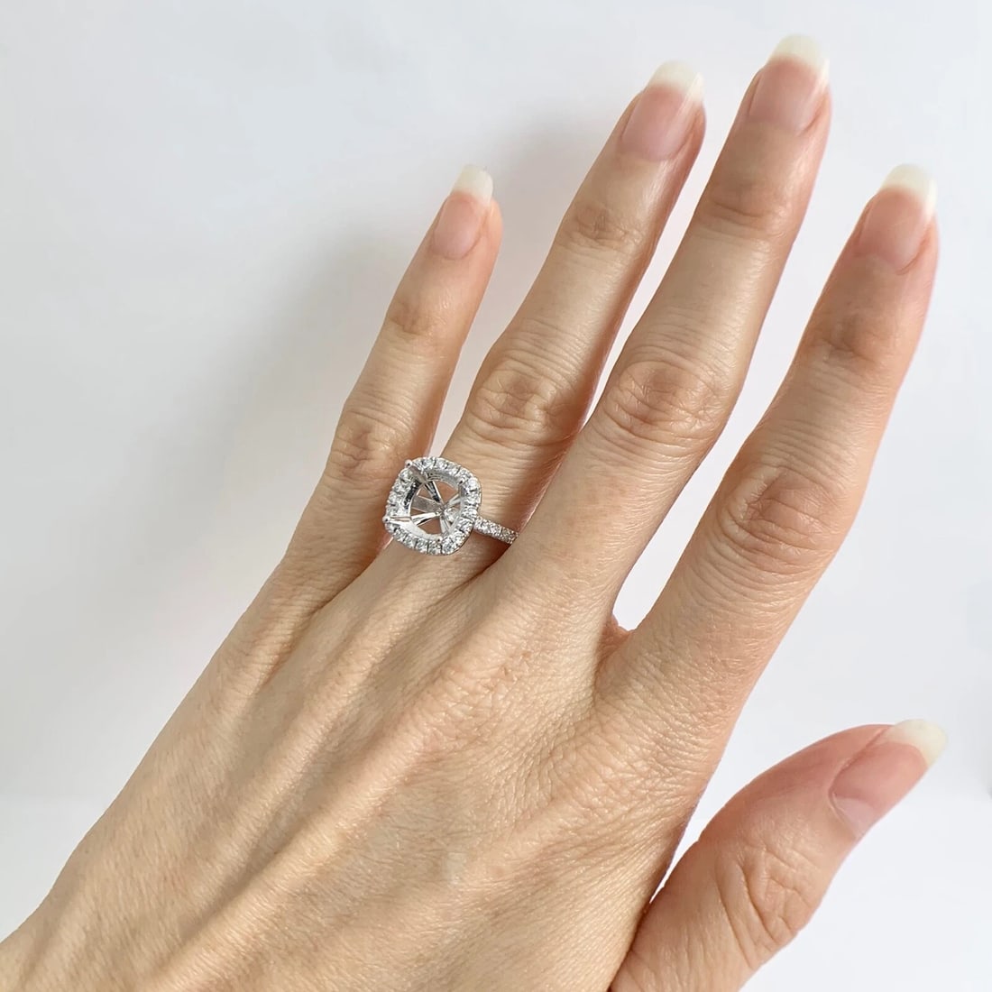 Large Cushion Halo Diamond Engagement Ring Setting Mounting 14K White Gold - 2