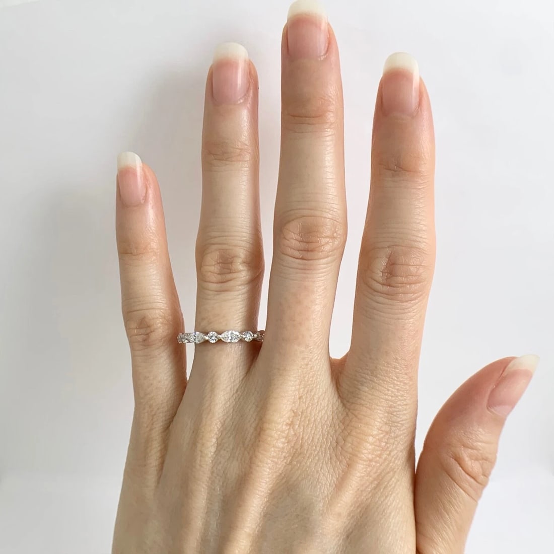 Marquise Round Diamond Wedding Band Ring 14K White Gold, .81 CTW - 2