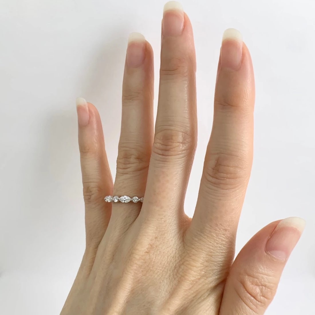 Marquise Round Diamond Wedding Band Ring 14K White Gold, .81 CTW - 4