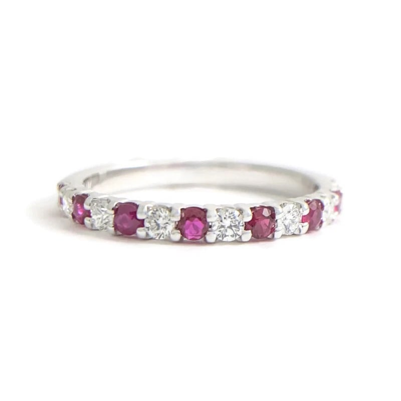 Ruby Diamond Ring Gemstone Wedding Band 14K White Gold, .49 CTW: Ruby Diamond Ring Gemstone Wedding Band 14K White Gold, .49 CTW This is a beautiful wedding band, anniversary ring or statement ring! Gemstones: 7 round rubies, .25 ctw Diamonds: 8 round brilliant cut
