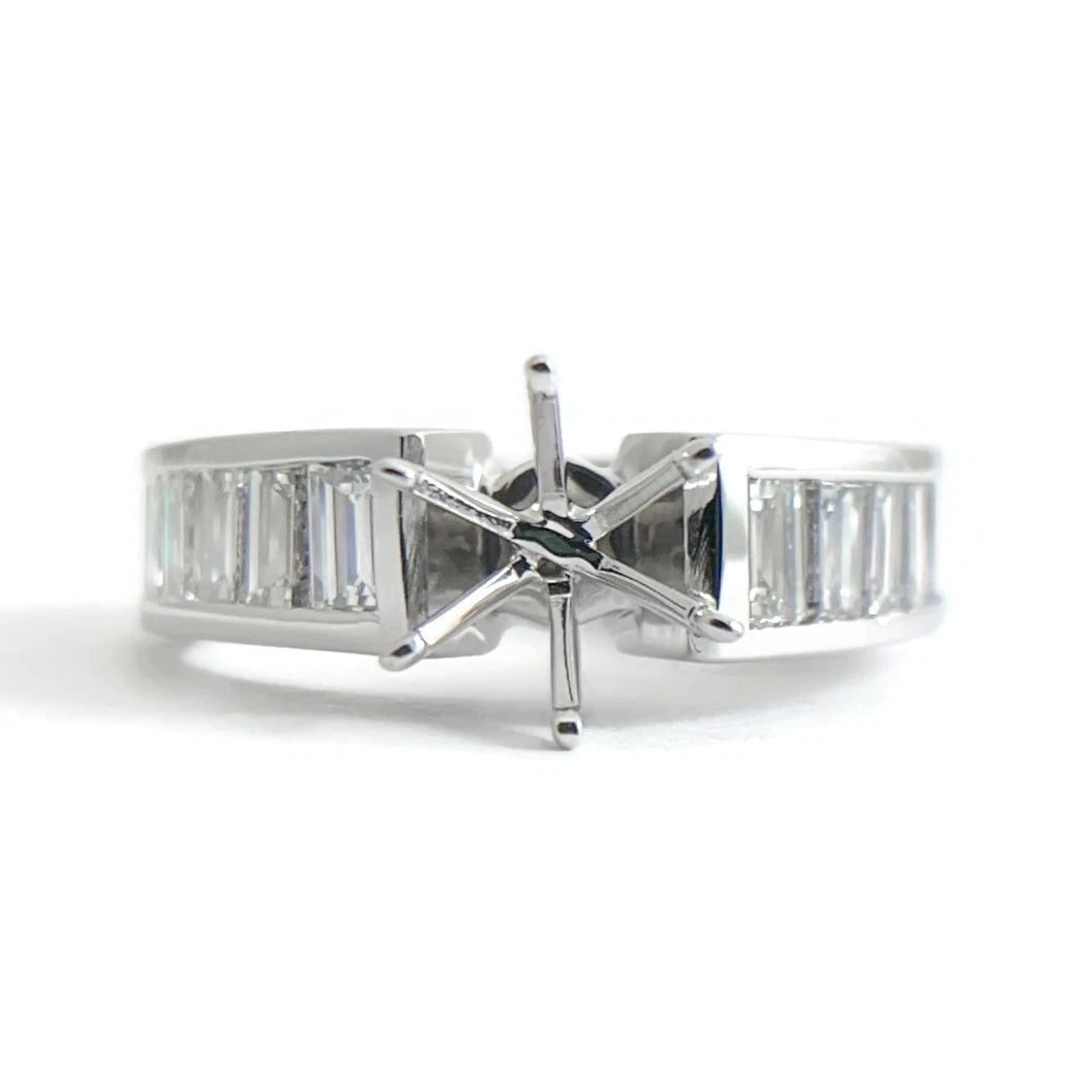 Emerald Cut Channel-Set Diamond Engagement Ring Setting Mounting 14K White Gold: Emerald Cut Channel-Set Diamond Engagement Ring Setting Mounting 14K White Gold Make a statement with this gorgeous mounting! Ready to house a diamond or gemstone of your choice. Mounting: 6 prongs to