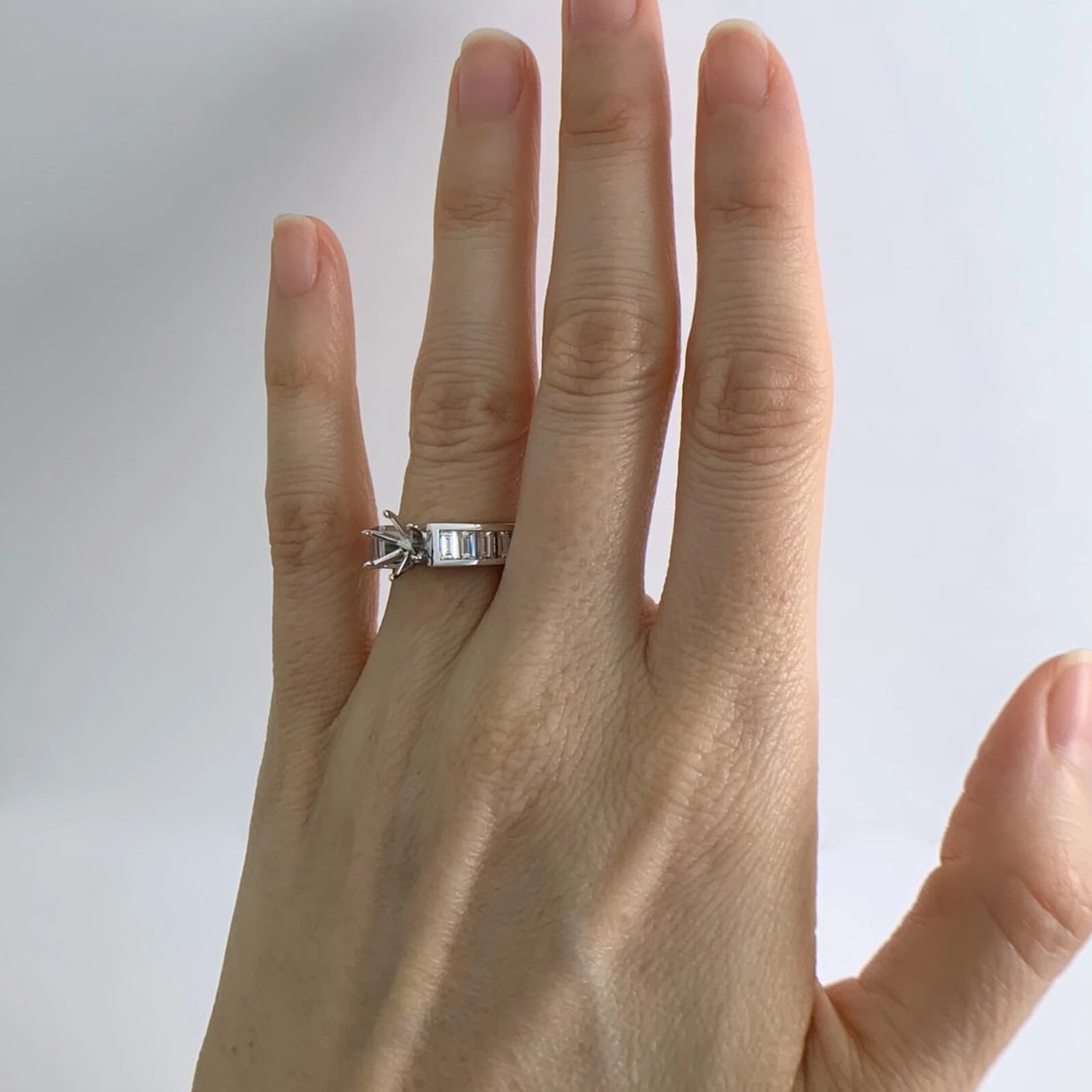 Emerald Cut Channel-Set Diamond Engagement Ring Setting Mounting 14K White Gold - 5