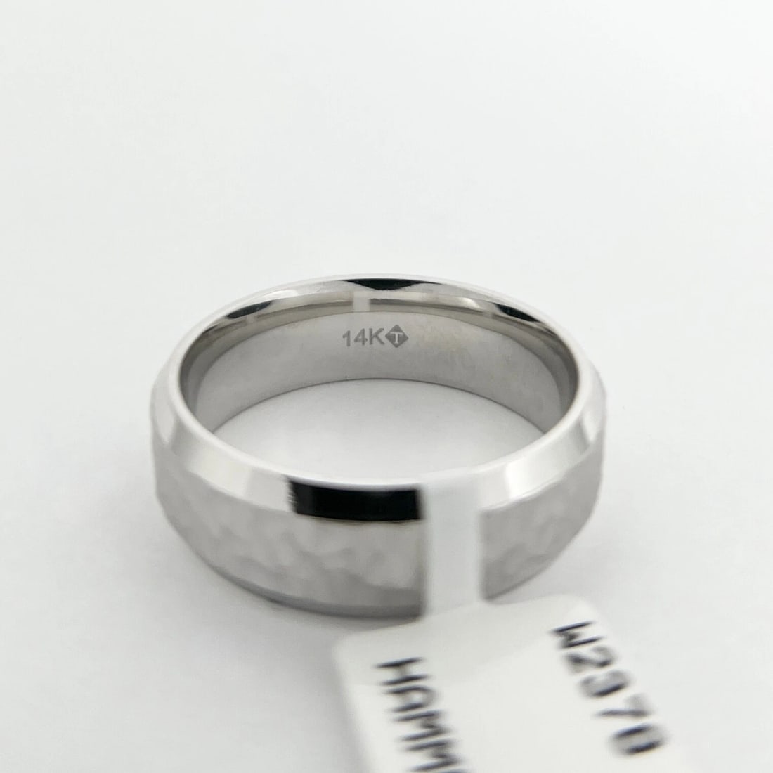 Men's Wide Hammered Beveled Edge Wedding Band Ring 14K White Gold, Size 10, 7 mm - 7