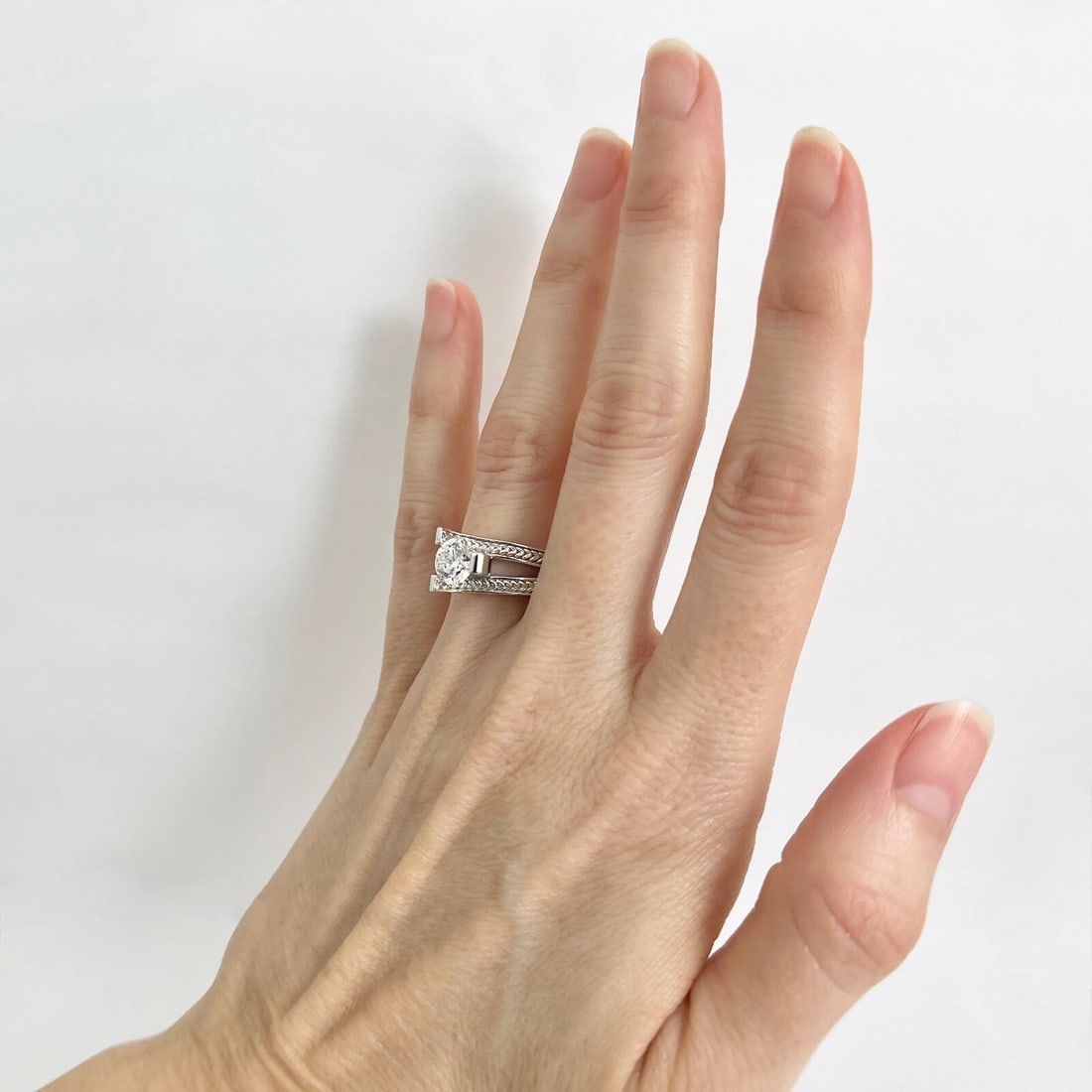 GIA Round Diamond Channel-Set Asymmetrical Engagement Ring Palladium, 1.10 CTW - 3