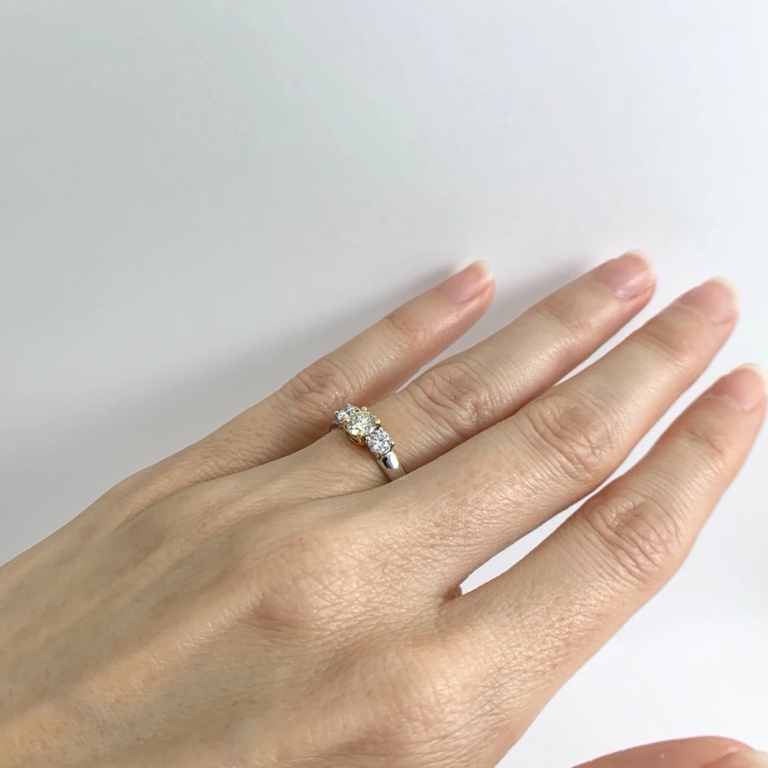 Round 3-Stone Light Yellow Diamond Engagement Ring 18K White Yellow Gold .70 CTW - 5