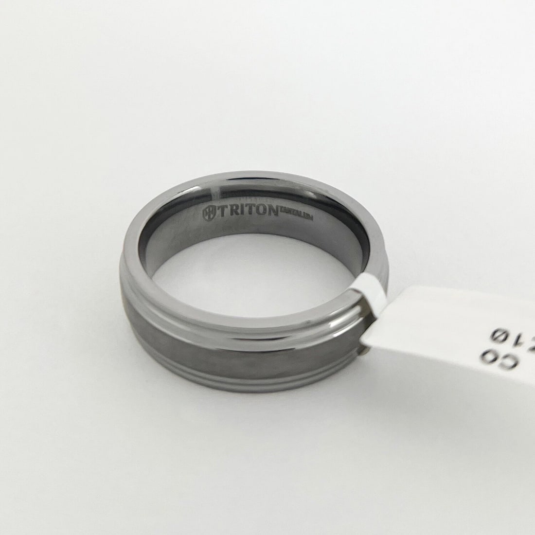 Men's Wide Grey Satin Center Grooved Edge Wedding Band Ring Tantalum, Size 10 - 7