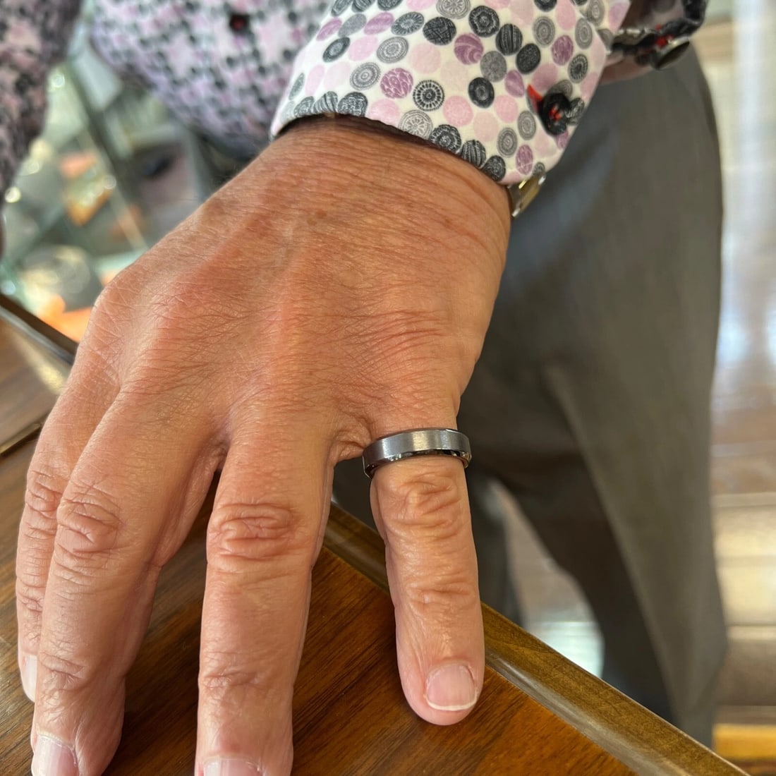 Men's Dark Grey Beveled Edge Satin Wedding Band Ring Tantalum, Size 9, 6 mm - 2